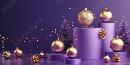 sale banner with empty podiums for product presentation. Horizontal showcase scene with purple background and golden Christmas ornaments. 3d render  Generative AI
