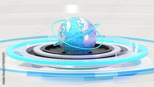 Animation of white and blue digital globe rotating with blue lines moving around white arrows pointing to the right on white background. Global technology and information network concept.