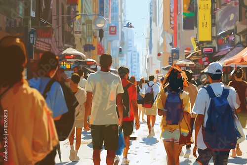 A digital painting portraying people of different ethnicities exploring a bustling city during a summer street festival. photo