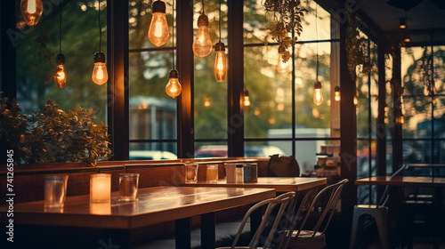 Cozy Restaurant Interior with Warm Lighting, Intimate Dining Experience.