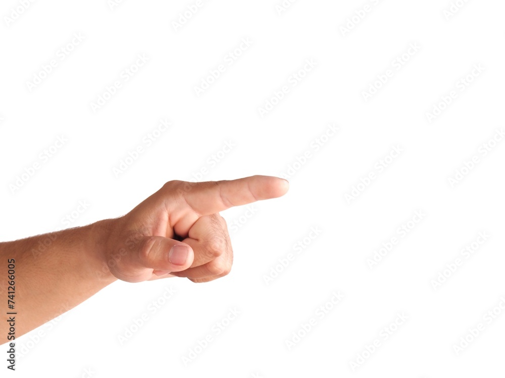 Male hand making a pointing gesture isolated on a white background. Male hand making a pointing gesture isolated on a white background.