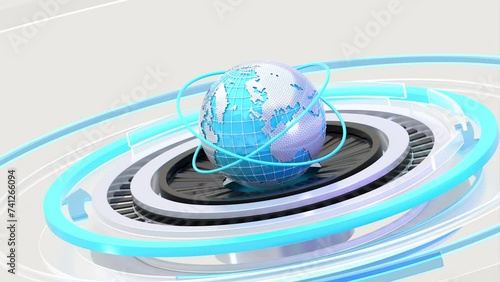 Animation of white and blue digital globe rotating with blue lines moving around white arrows pointing to the right on white background. Global technology and information network concept.