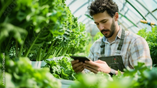 A professional agronomist attentively uses a tablet to assess and record the health of plants in a high-tech indoor agricultural environment.