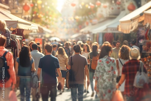 An artistic depiction of people from different cultures enjoying a street food market during a summer festival.