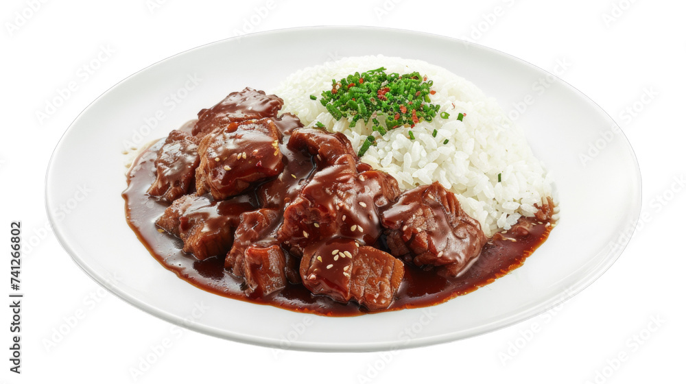 Barbecued red pork in sauce with rice on isolated on transparent png background. Generative ai Barbecued red pork in sauce with rice on isolated on transparent png background. Generative ai