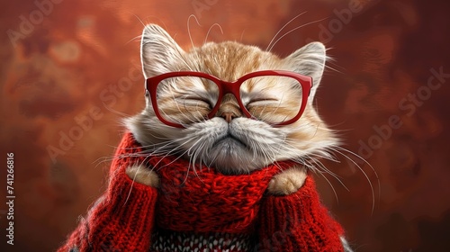 Red grumpy cat in red glasses and a red knitted sweater does not want to wear a warm winter sweater, spring is coming, the warmth will come