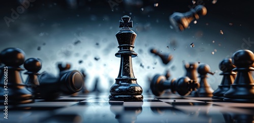 chess game dramatic battle, black rook chess piece aggressive move. Successful business planning, defeat concept, Generative AI photo