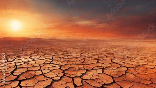 Sunset over dry cracked ground landscape. photo