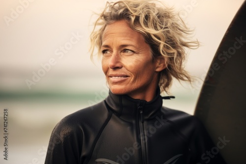 Portrait of a senior woman in wetsuit with surfboard © Nerea