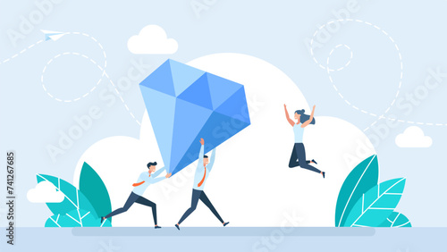 Quality and advantage. Business value, discover opportunity or benefit from idea, quality measurement or search for brilliant idea. Businesspeople discover valuable diamond. Vector illustration
