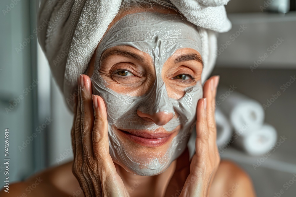 Middle-aged woman with a towel on her head applies cosmetic mask to her face in the bathroom or salon. Beauty, cosmetology, facial skin care, anti-aging cosmetics, spa treatments Middle-aged woman with a towel on her head applies cosmetic mask to her face in the bathroom or salon. Beauty, cosmetology, facial skin care, anti-aging cosmetics, spa treatments
