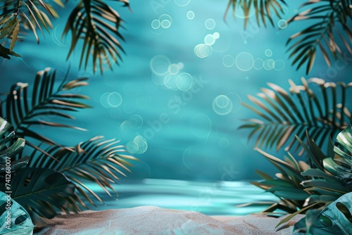 Summer tropical background, illustration. Tropical leaves, blue sea, sandy beach. Beautiful sea background, concept of vacation, travel