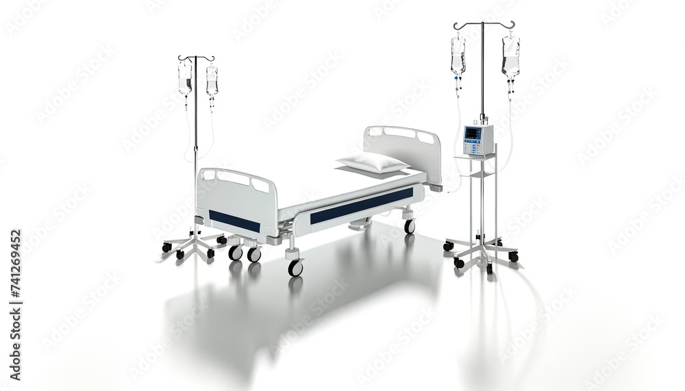 Fototapeta premium Modern Adjustable Hospital Bed Equipped with IV Drips and Vital Signs Monitor in a Clean Setting in white background.