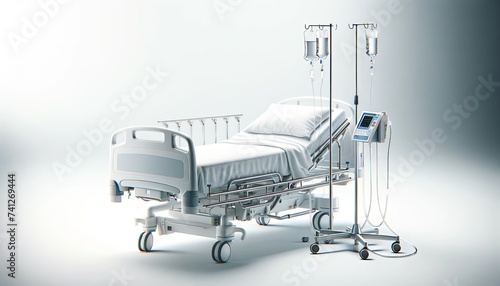 Modern Adjustable Hospital Bed Equipped with IV Drips and Vital Signs Monitor in a Clean Setting in white background.