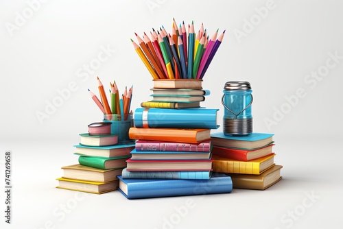 Back to school concept, backpack, book and stationery supplies on classroom desk with education equipment and chalkboard background 3D Rendering
