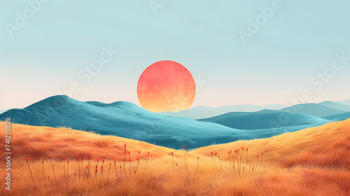 Golden Sunrise Over Serene Blue Mountains: A picturesque landscape with a red sun rising over blue mountains and golden fields. Ideal for nature lovers and photographers