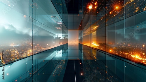 A 3D rendered visualization of an abstract, modern atrium with suspended, angular glass panels reflecting a kaleidoscope of city lights at night.