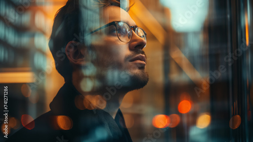 Pensive man gazing through window reflections.
