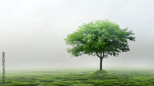 Lonely tree in a foggy meadow