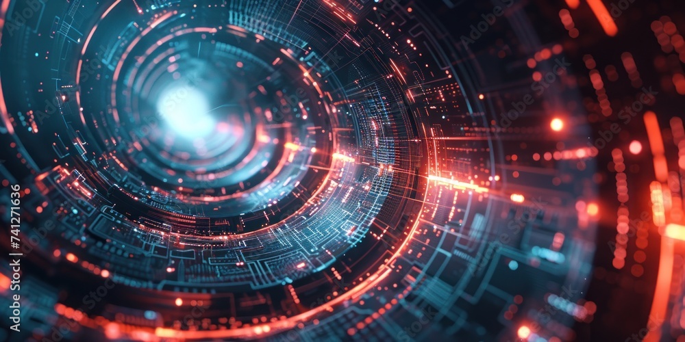 Digital representation of a data tunnel in a network, with glowing particles and futuristic technology concept.