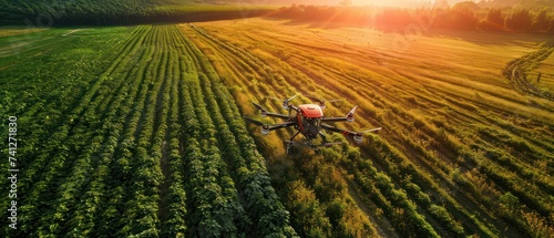 Red drone tilling soil in agricultural field