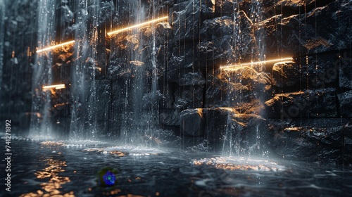 A modern 3D rendered wall of cascading water with embedded neon lights, against a backdrop of dark stone