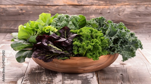 A wooden bowl full of assorted fresh cabbage and kale leaves, showcasing a variety of textures and shades of green on a rustic wood table.