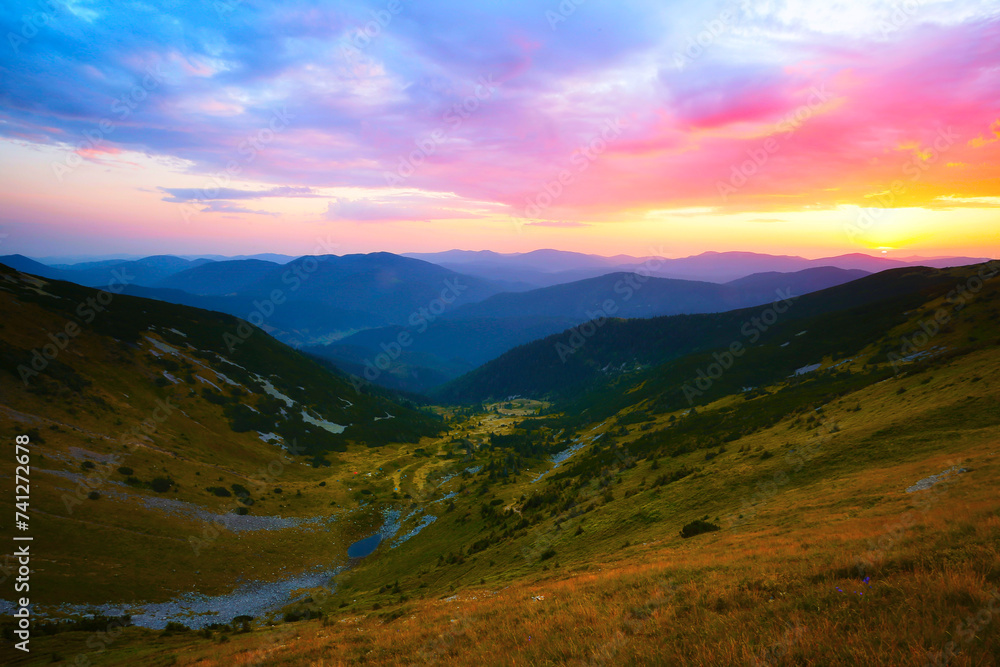 summer foggy scenery, scenic sunset view in the mountains, Carpathian mountains, Ukraine, Europe	
