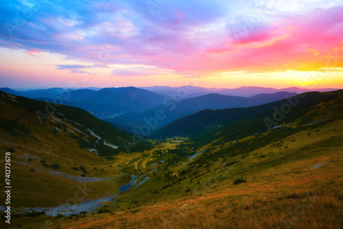 summer foggy scenery, scenic sunset view in the mountains, Carpathian mountains, Ukraine, Europe 