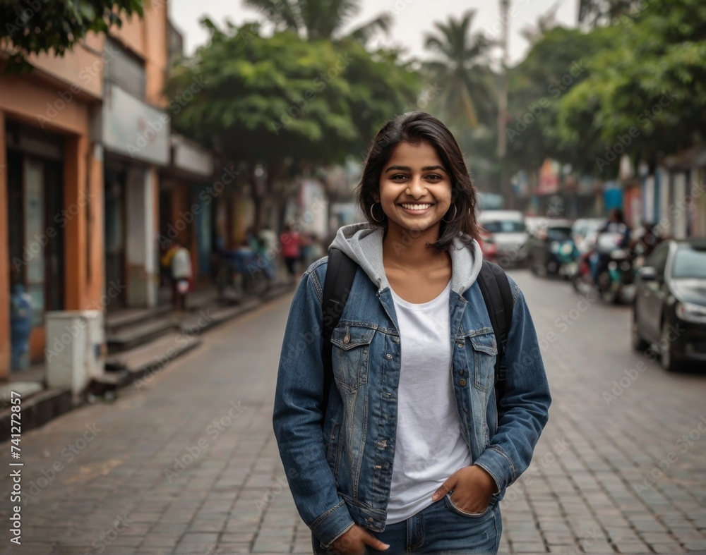 Fototapeta premium Young Indian brunette in jeans and white t-shirt n the street