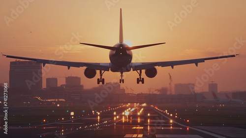 Airplane landing in the airport at sunset, close-up view