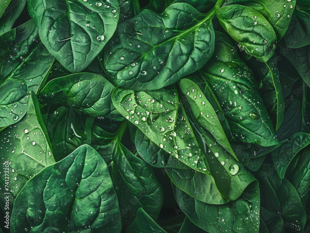 Fototapeta premium Early morning light illuminates dew-kissed spinach leaves, highlighting their fresh, vibrant greenery in a natural garden setting.