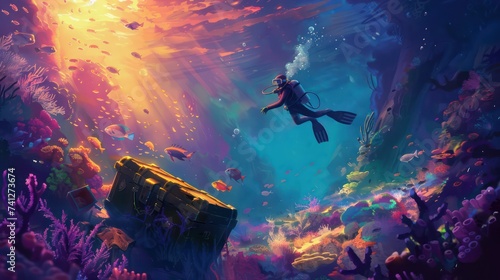 Underwater adventure with diver and treasure chest
