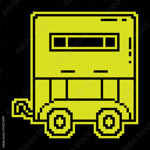 Pixel silhouette icon. Trailer for transporting building materials and animals. Working on farm, transporting goods by car. Simple black and yellow vector isolated