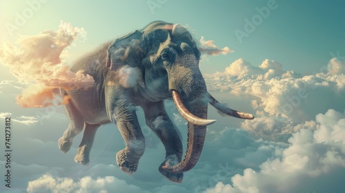 A concise portrayal of an elephant soaring through the sky.
