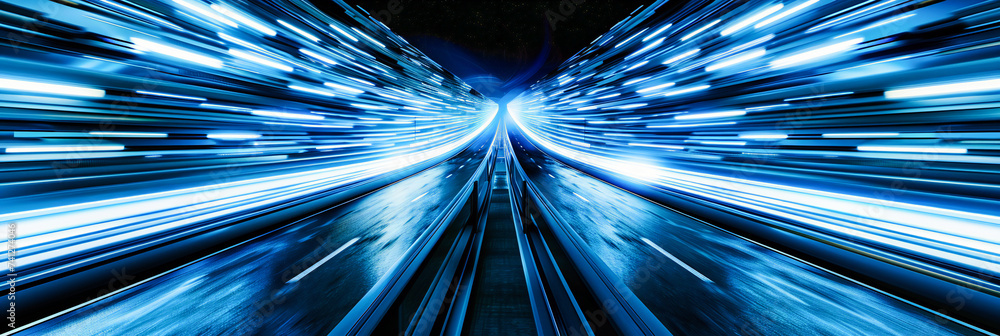 Fast Motion in Futuristic Tunnel, Abstract Background with Blue Lines, Modern Transportation and Technology Concept Fast Motion in Futuristic Tunnel, Abstract Background with Blue Lines, Modern Transportation and Technology Concept
