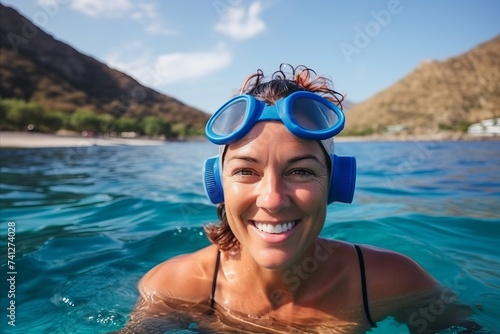 Portrait of a smiling woman in swimming goggles in the sea.