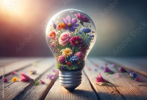 a light bulb filled with a beautiful collection of flowers #741274082
