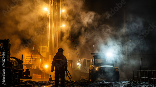 Night work on drilling an oil well.
