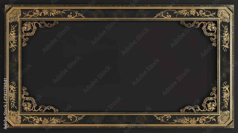 Thin vintage gold frame for your design. Vintage cover. Place for text. Vintage beautiful rectangular frame on black - obrazy, fototapety, plakaty 