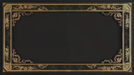 Thin vintage gold frame for your design. Vintage cover. Place for text. Vintage beautiful rectangular frame on black