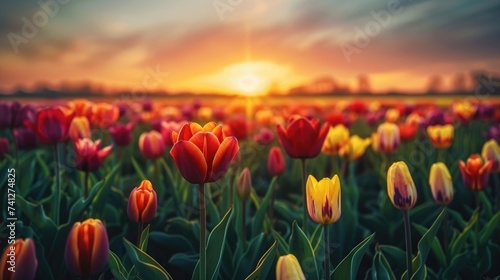 Field of colorful tulips red tulips field many red flowers spring flowers field tulip red tulips yellow tulips pink flowers field  #741274825