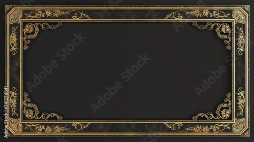 Thin vintage gold frame for your design. Vintage cover. Place for text. Vintage beautiful rectangular frame on black photo