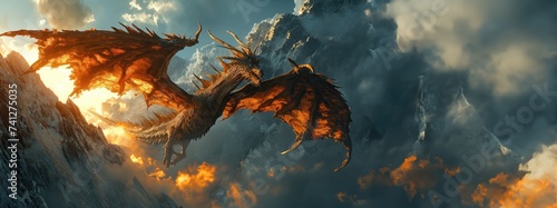 fierce dragon on a mountain. Created with Generative AI.