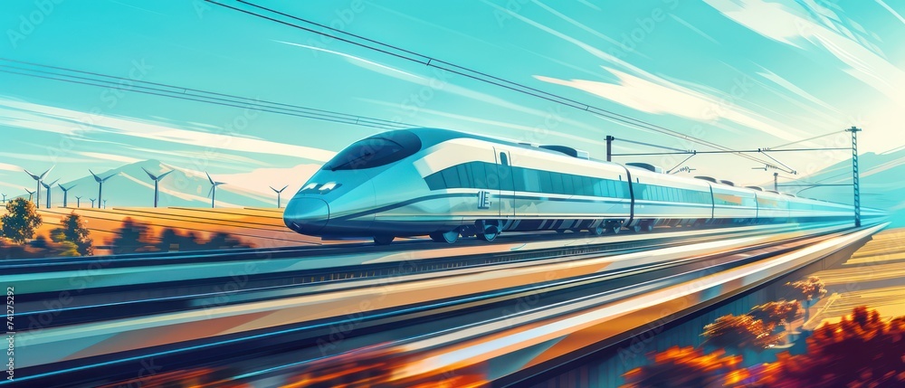 Modern high-speed train travel at sunset - obrazy, fototapety, plakaty 