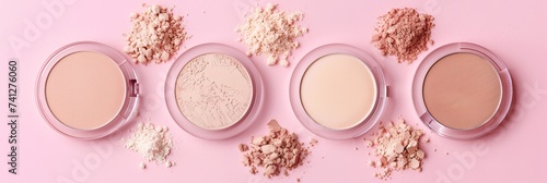 Cosmetic products on pastel pink background. For various skin tone concepts, mineral compact face powder, and beige eyeshadow. Banner of beauty. Trendy colors. accessories for makeup. Tone foundation photo