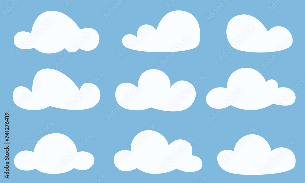 Set of flat cartoon clouds. Hand drawn white clouds on a white background. Cloudy weather symbol. Vector illustration, clipart. Set of flat cartoon clouds. Hand drawn white clouds on a white background. Cloudy weather symbol. Vector illustration, clipart.