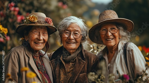 Aging gracefully, three older women posing. Created with Generative AI.