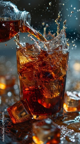 Coke poured into a push of ice cubes and splashed with water, close-up