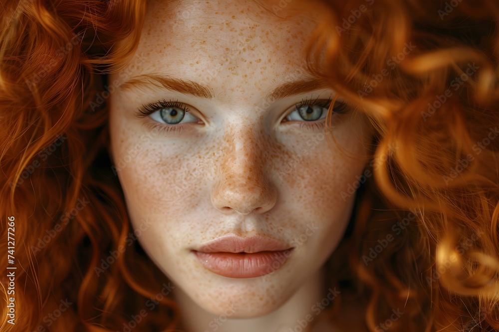 Portrait of young woman with frizzy ginger hair and clean skin. Concept Portrait, Woman, Ginger Hair, Clean Skin, Young Portrait of young woman with frizzy ginger hair and clean skin. Concept Portrait, Woman, Ginger Hair, Clean Skin, Young
